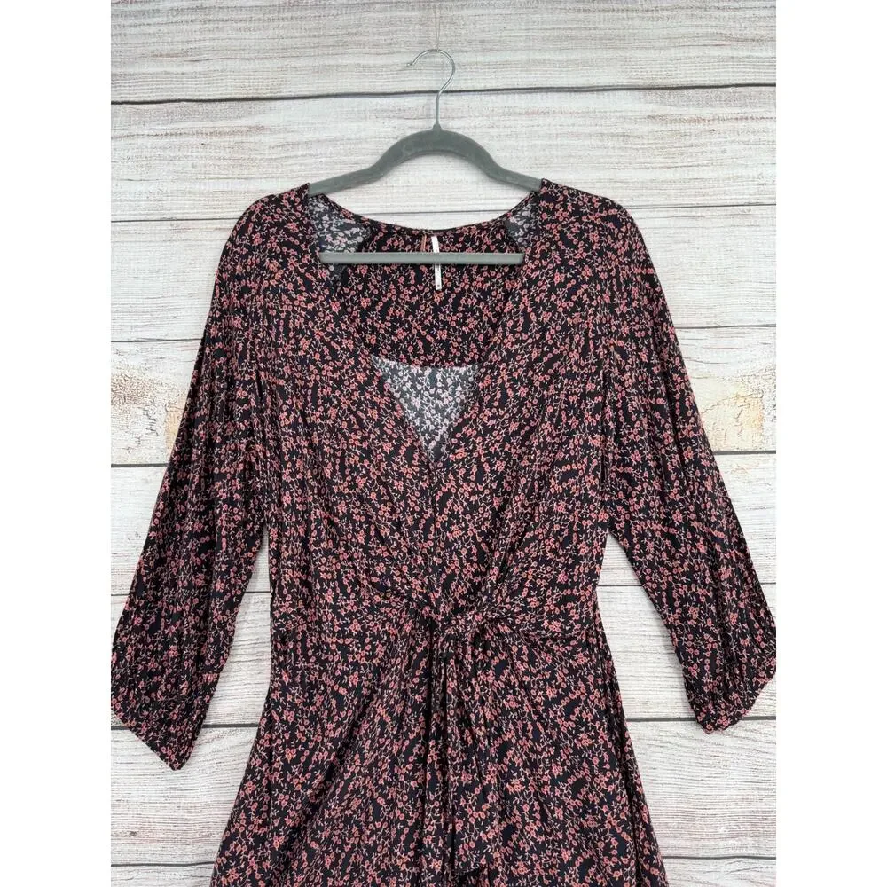 Free People V-Neck Floral Tie Front Mini‎ Dress Women's Size Medium Black/Pink